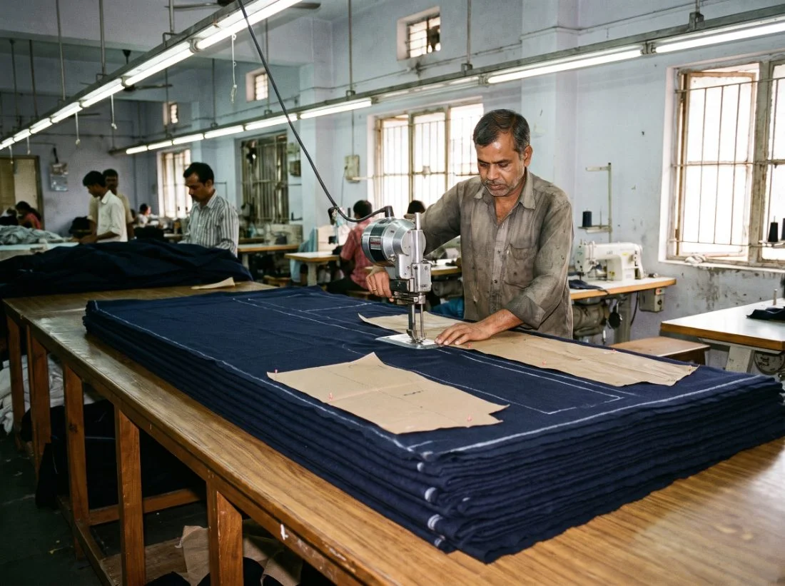 Uniform cloth laid in a single lot on the cutting table at the Terah Tex Chennai unit