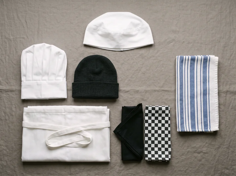 Chef skull caps, beanies, chef hats, neckerchiefs, waist aprons and side towels manufactured by Terah Tex