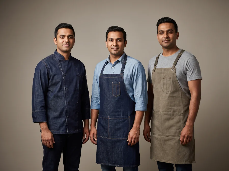 Denim chef coats, bib aprons and cross-back aprons for open kitchens, manufactured by Terah Tex