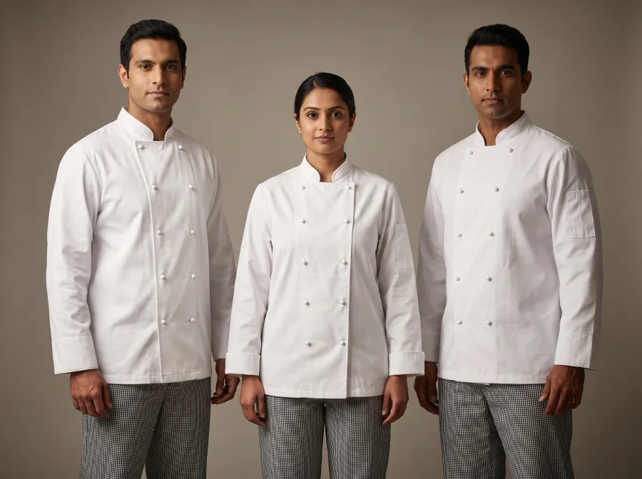 Double-breasted white chef coats in cotton-rich twill with knotted and stud buttons, manufactured by Terah Tex