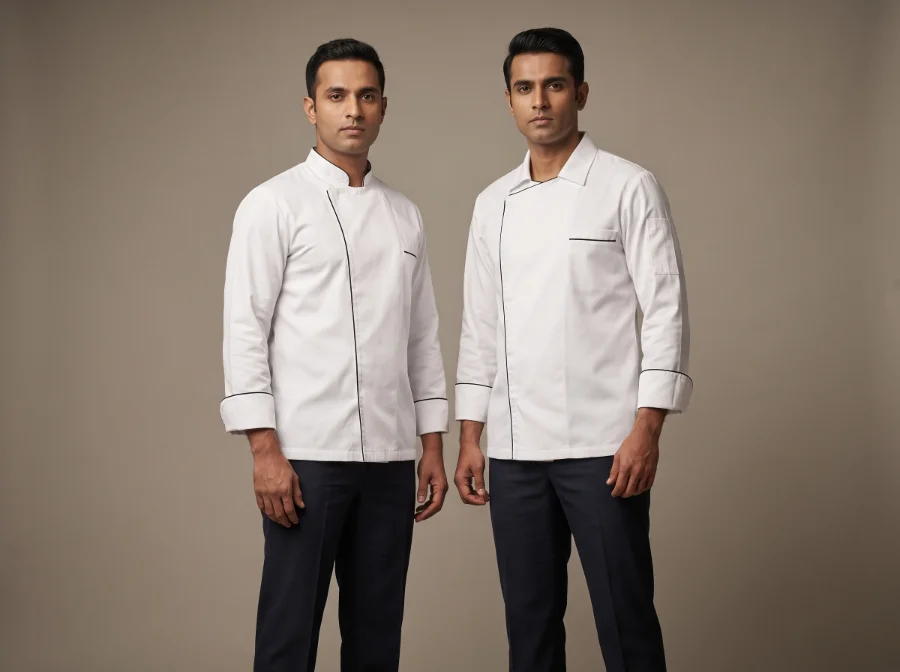 Executive chef coats with contrast piping, mandarin and notch collars, manufactured by Terah Tex