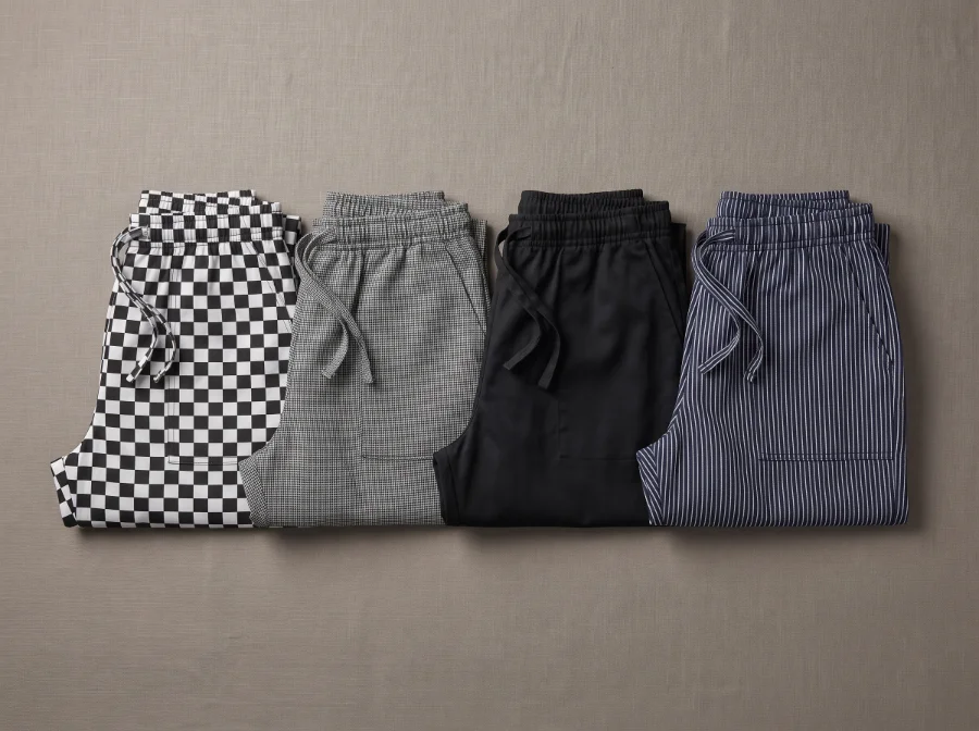 Chef kitchen trousers in checked, houndstooth, plain black and pinstripe with elasticated and drawcord waists