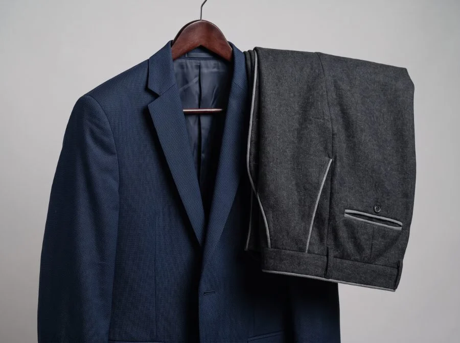 Navy corporate blazer and charcoal waistcoat with contrast piping
