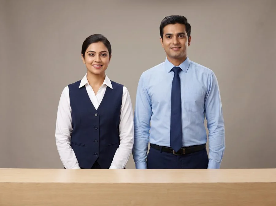 Coordinated reception and front-office uniforms — waistcoat over shirt, shirt with tie