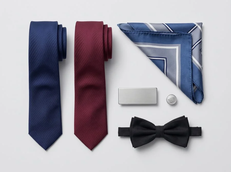 Corporate uniform accessories — ties, bow tie, scarf, name badge and lapel pin