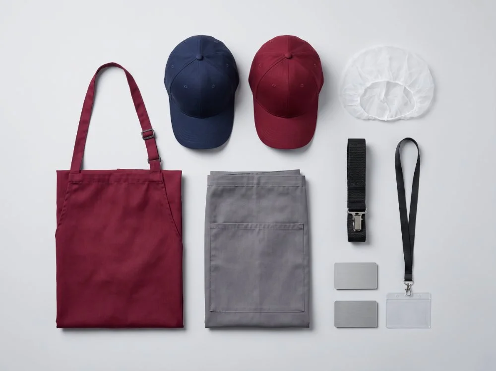 Facility uniform accessories — bib and waist aprons, caps, hairnet, gloves-loop belt, name badges and ID lanyard