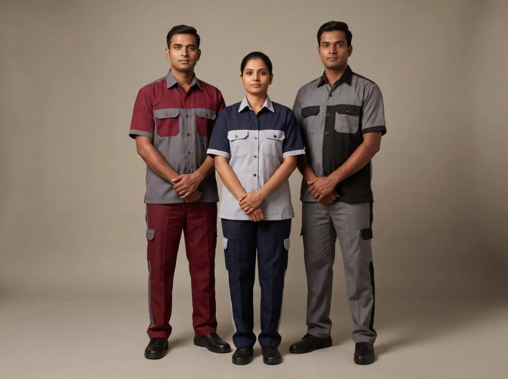 Cleaning staff two-tone shirt and trouser sets in maroon, navy and grey with reinforced pockets and colour blocking
