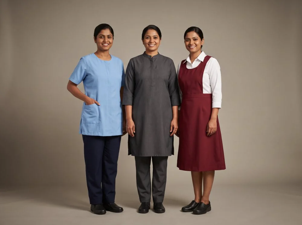 Facility housekeeping tunics and kurta sets — light blue tunic with side pockets, grey kurta-style set and maroon A-line pinafore