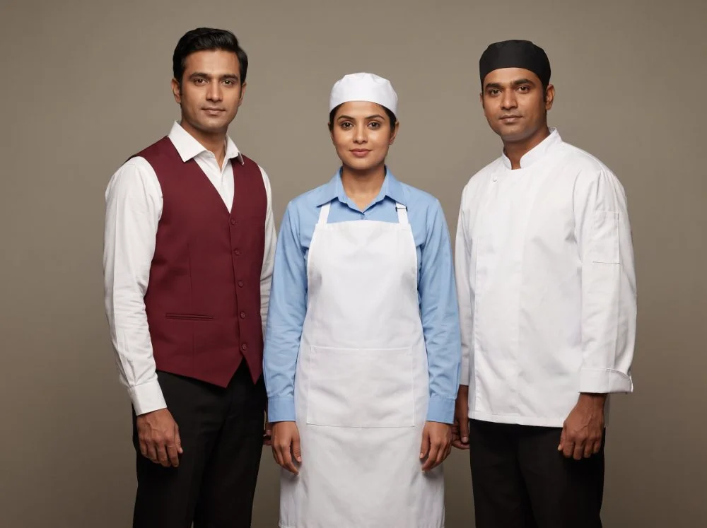 Pantry and cafeteria uniforms — white shirt with maroon waistcoat, light blue shirt with apron and cap, and chef-style pantry jacket