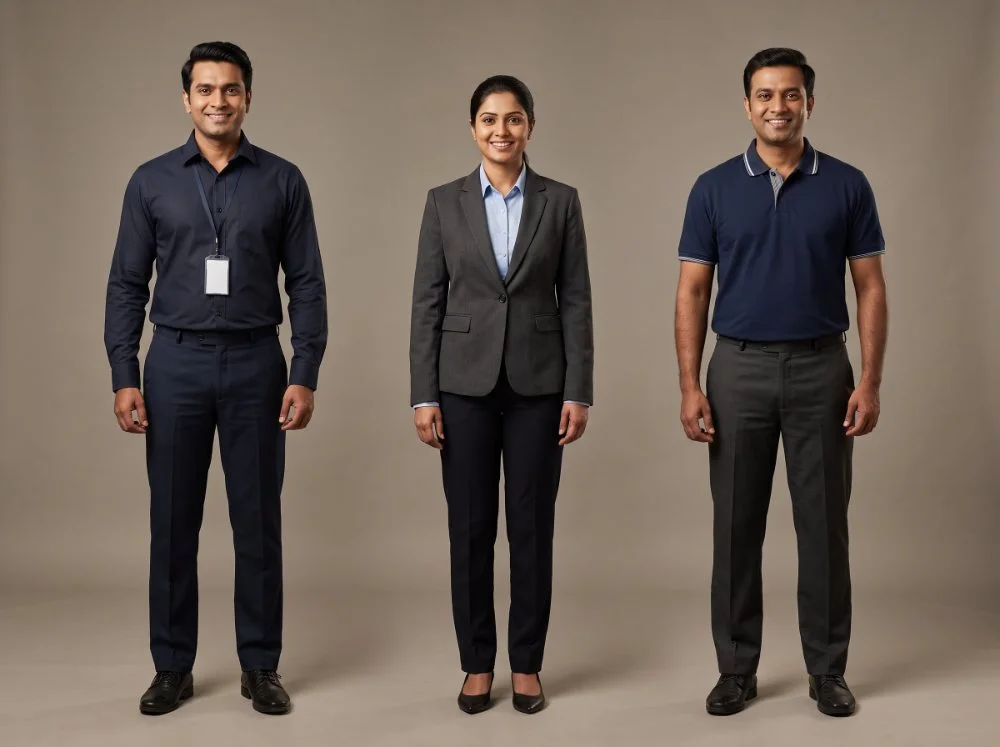 Supervisor and site-in-charge uniforms — navy formal set with ID holder, charcoal blazer and navy polo with formal trousers