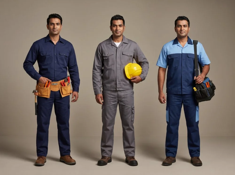 Technician and maintenance sets — navy cotton drill with tool belt, grey poly-cotton work set and two-tone HVAC set
