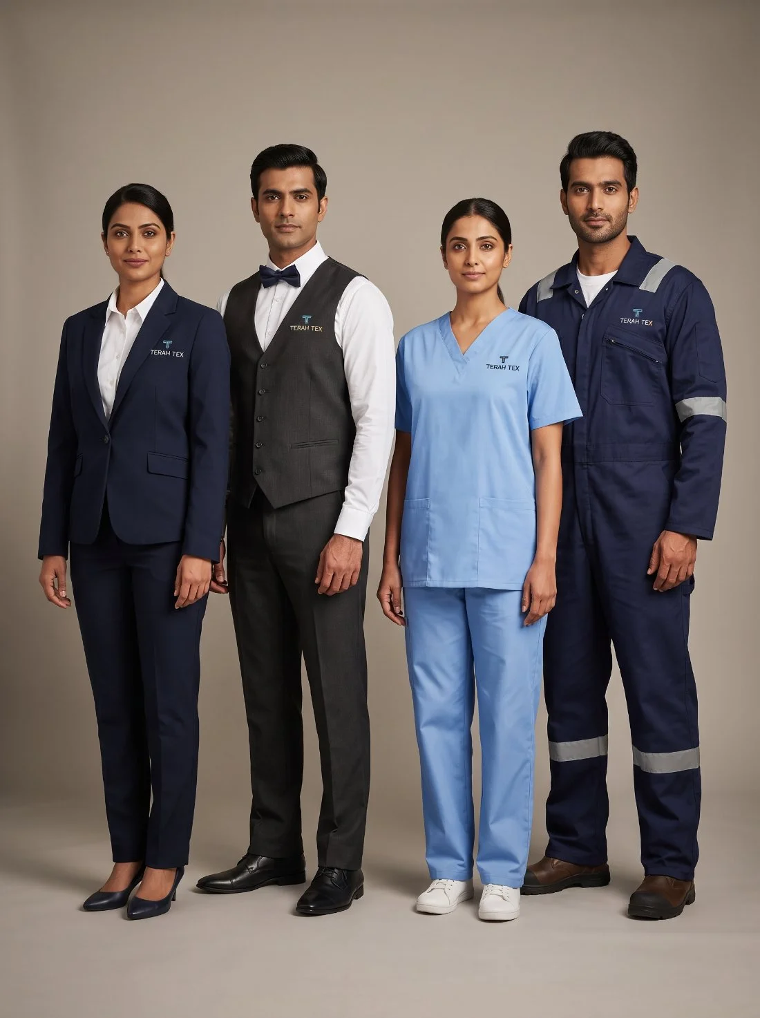 Uniforms manufactured by Terah Tex in Chennai — corporate blazer, hotel waistcoat, hospital scrubs and industrial coverall, each with the embroidered Terah Tex chest logo