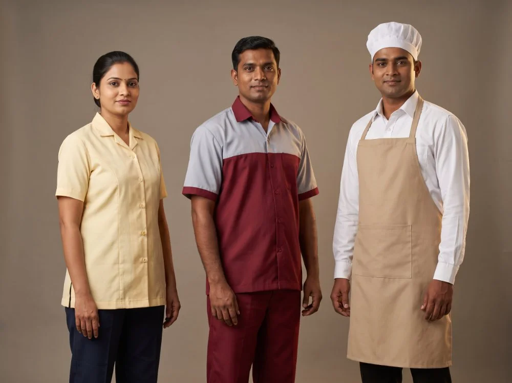 Hospital housekeeping and pantry uniforms — pale tunic, two-tone cleaning set and pantry shirt with apron and cap