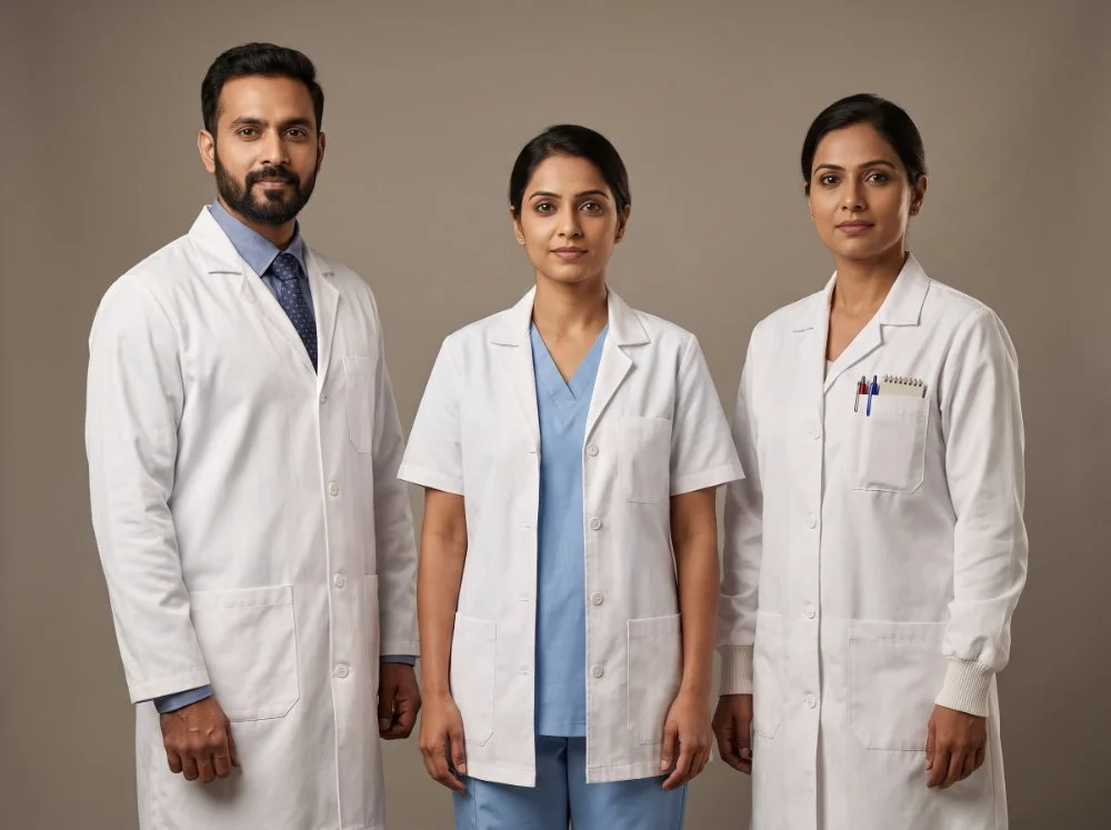 Doctor and consultant lab coats — full and half-sleeve white coats with chest pockets and knit cuffs