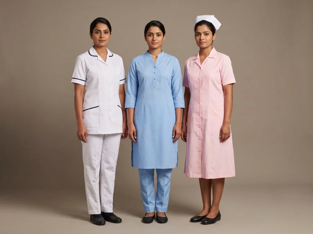 Nurse uniforms — white tunic and trouser set with piping, light blue kurta-style set and nursing dress with cap