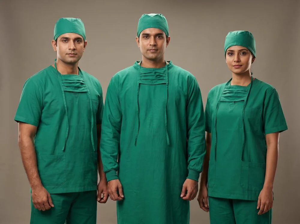 Operation theatre and CSSD wear — green surgical scrub suits with caps, tie masks and a surgical gown