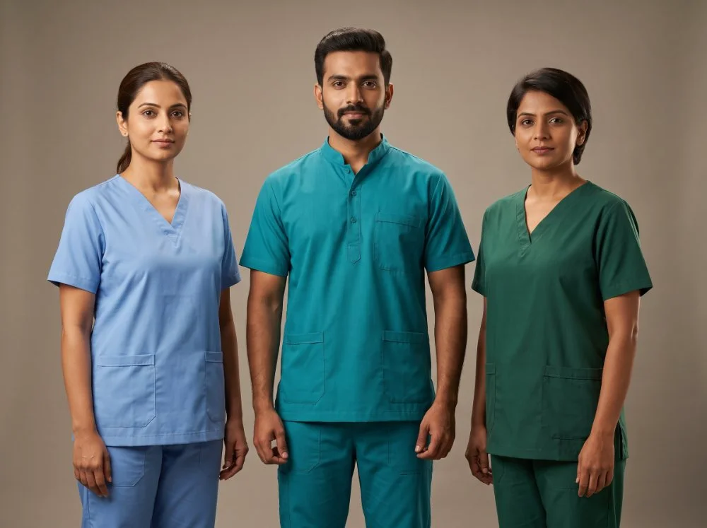 Hospital scrub sets manufactured in Chennai — light blue V-neck, teal mandarin-collar and green V-neck scrubs in department shades
