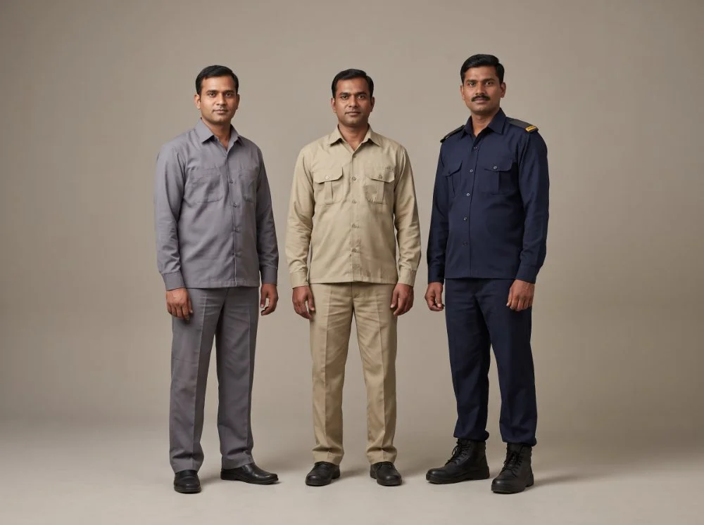 Ward and support staff uniforms — grey attendant set, khaki technician work set and navy hospital security uniform