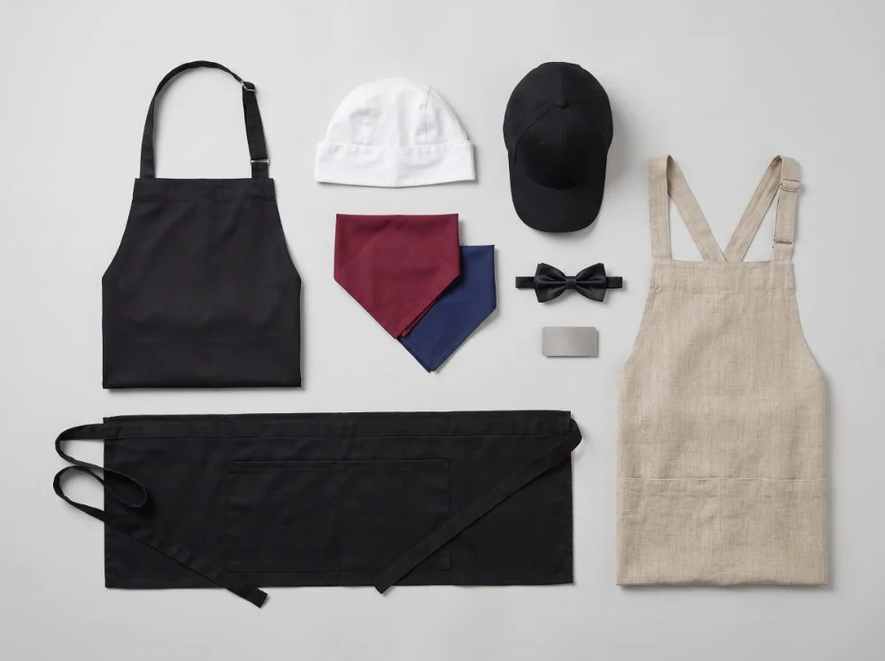 Hospitality accessories — bib, waist and cross-back aprons, chef skull cap, service cap, neckerchiefs, bow tie and name badge