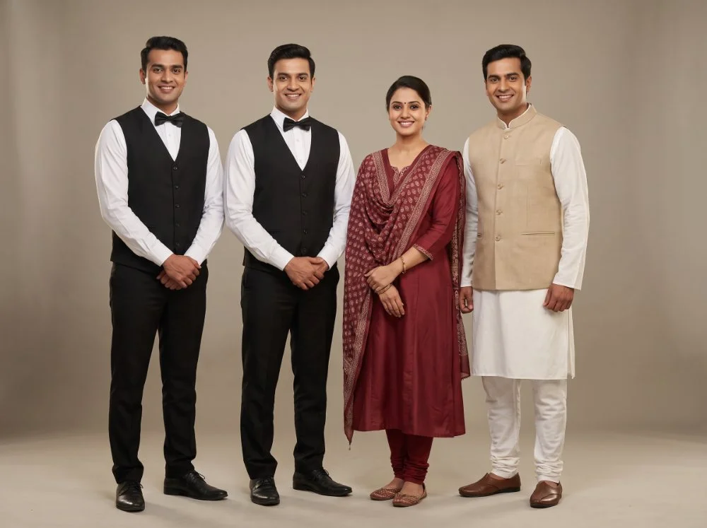 Banquet and event crew uniforms — formal black service sets with bow ties, ethnic-styled kurta set and Nehru jacket