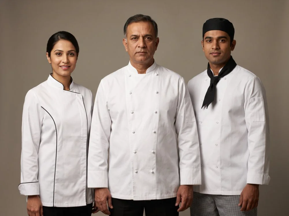 Chef coats and kitchen wear — double-breasted chef coat, mandarin-collar chef jacket with piping, skull cap and checked kitchen trousers