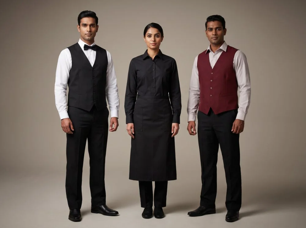 F&B service and steward uniforms — white shirt with black waistcoat and bow tie, black service shirt with waist apron, maroon waistcoat