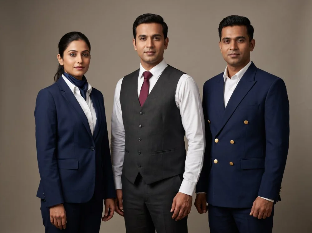 Hotel front office and concierge uniforms — navy blazer with scarf, charcoal waistcoat with tie, and concierge blazer