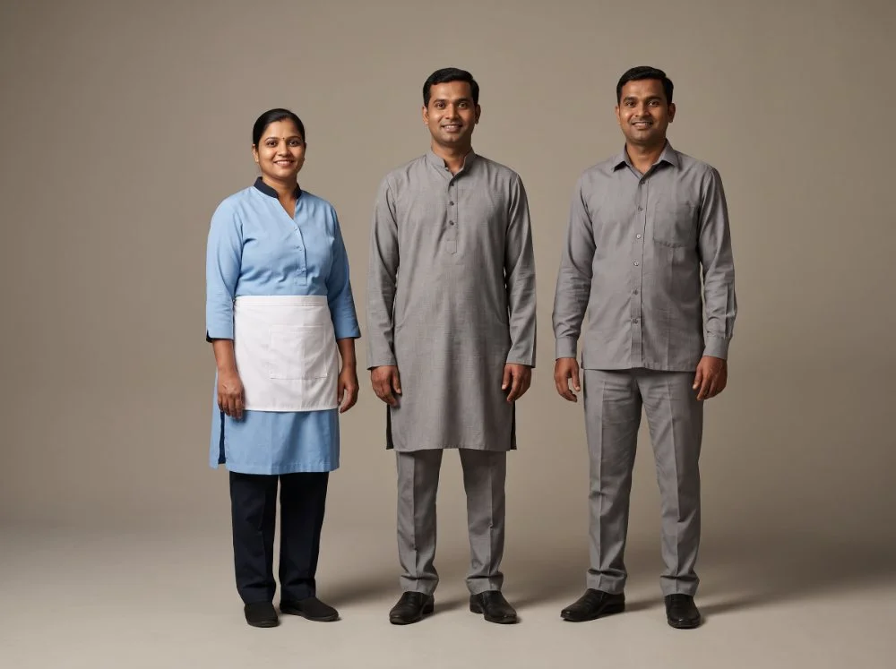 Hotel housekeeping and laundry uniforms — room attendant tunic with apron, kurta-style supervisor set and laundry work set