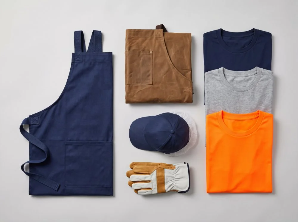 Industrial aprons, T-shirts and caps — heavy-duty bib apron, process apron, cotton and hi-vis tees, work cap, hairnet and gloves