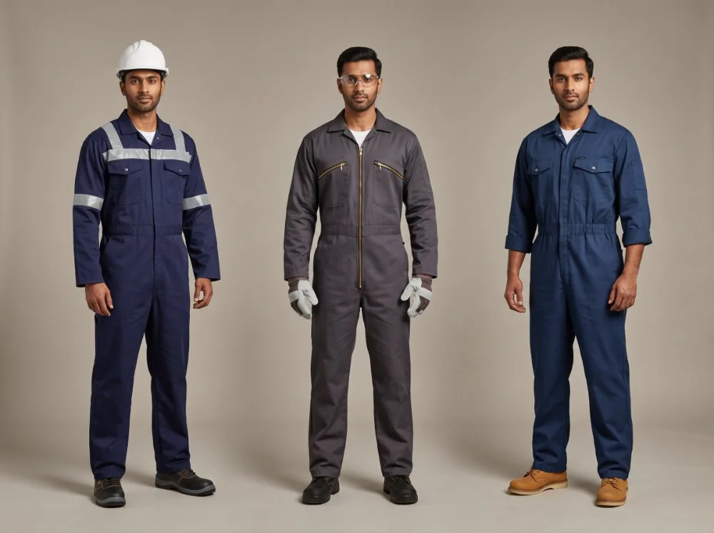 Industrial coveralls and boiler suits — navy cotton drill with reflective tape, grey boiler suit with brass zip and dark blue coverall