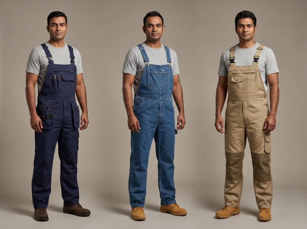 Dungarees and bib overalls — navy bib-and-brace with tool pockets, denim dungaree with hammer loop and khaki bib overall