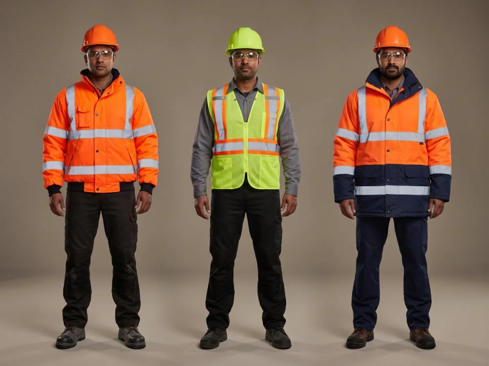 Hi-vis jackets and vests — fluorescent orange jacket with reflective bands, lime mesh vest and lined hi-vis winter shell