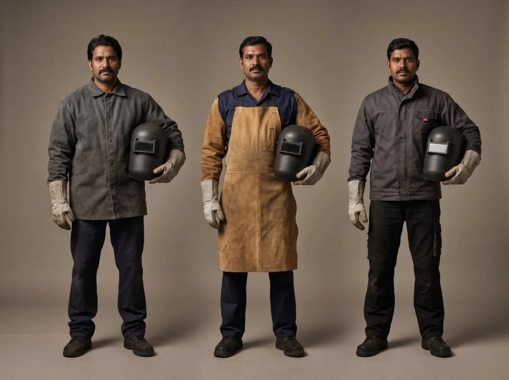 Welding and workshop wear — heavy cotton welding jacket, leather welding apron with sleeves and flame-retardant work jacket