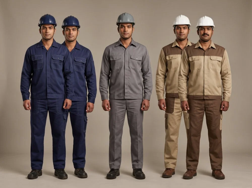 Work shirt and trouser sets — navy cotton drill with scale pockets, grey poly-cotton twill and two-tone khaki set