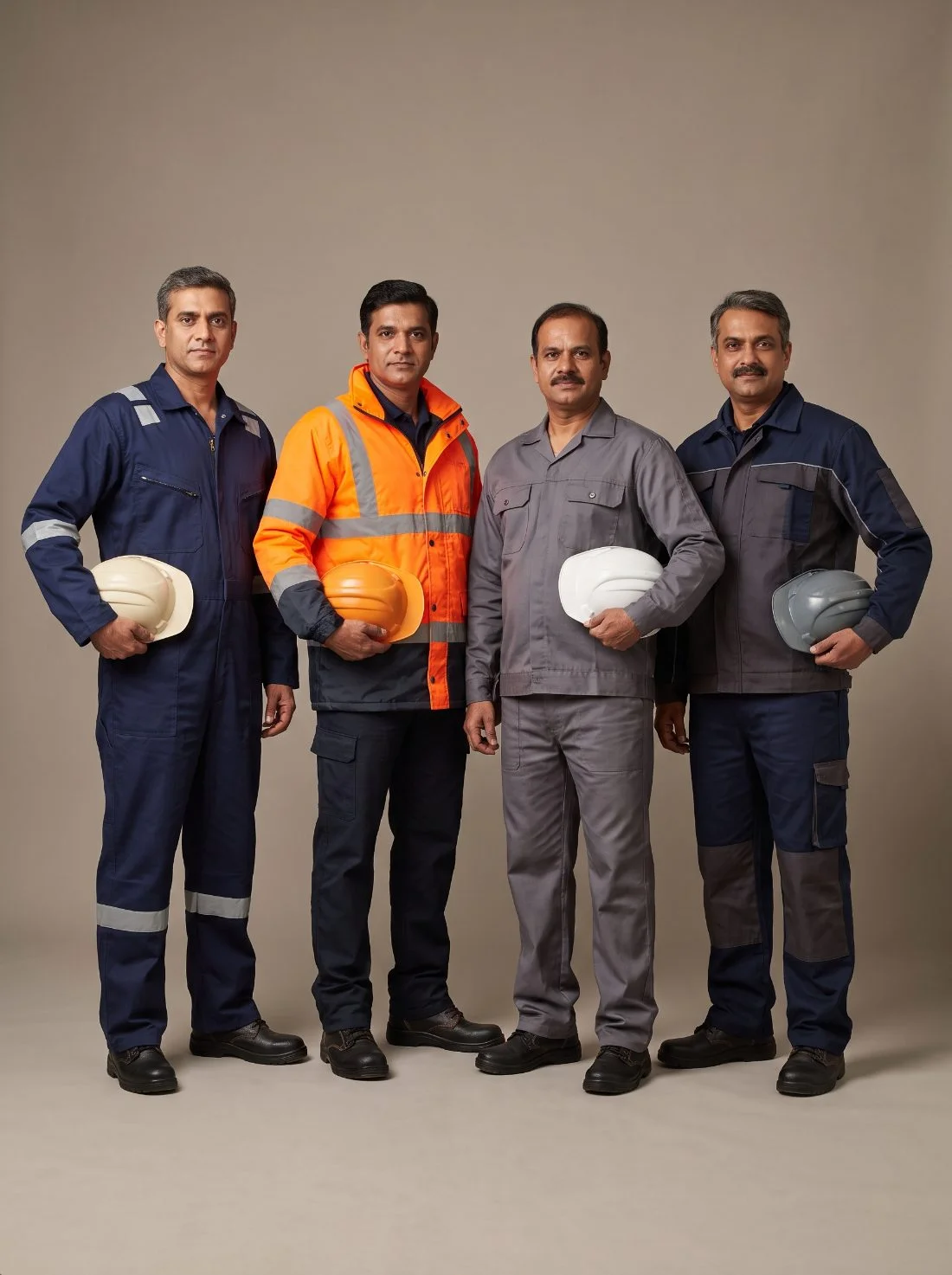 Industrial uniforms manufactured in Chennai — coveralls with reflective tape, hi-vis jackets and cotton drill work sets