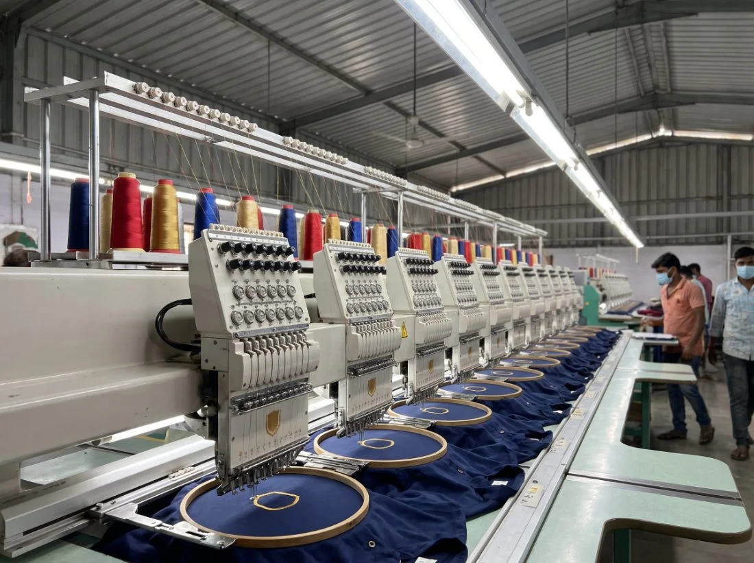 Computerised multi-head embroidery machine stitching logos onto uniform shirt fronts in Chennai