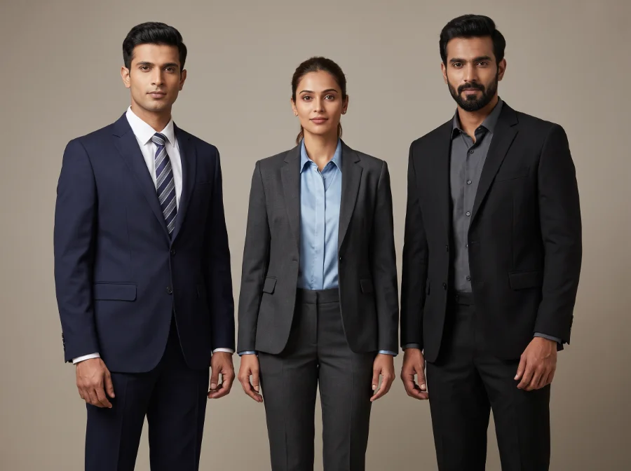 Tailored manager uniform blazers in navy, charcoal and black with structured shoulders and lined finish