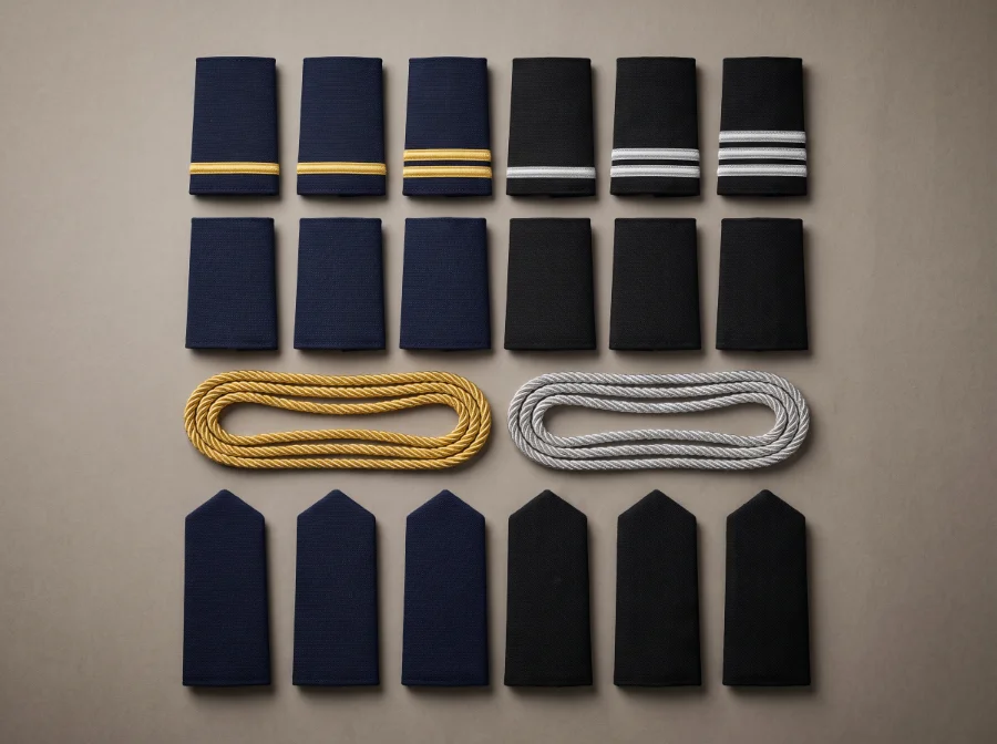 Embroidered epaulette rank slides with gold and silver bars, braid piping cord and shoulder boards