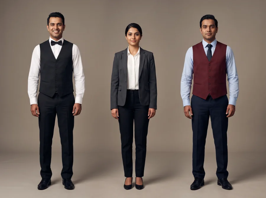 Restaurant manager uniforms with black and maroon waistcoats, bow tie and charcoal blazer