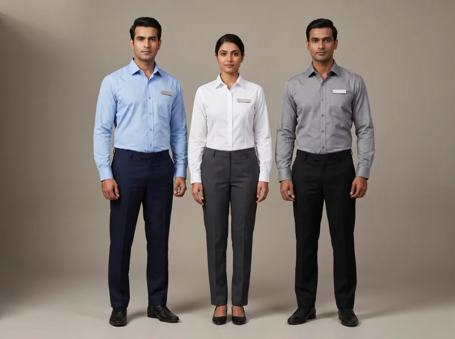 Supervisor formal shirt and trouser sets in light blue, white and grey with name badges