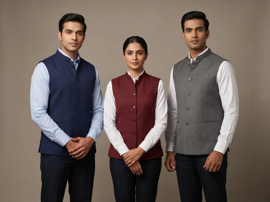 Floor supervisor contrast waistcoats in navy, maroon and grey over uniform shirts