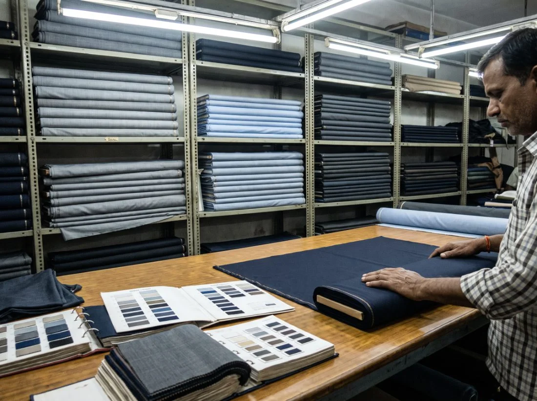 Suiting fabric bolts from Raymond, Mafatlal and Qmax being checked against shade cards at mill level