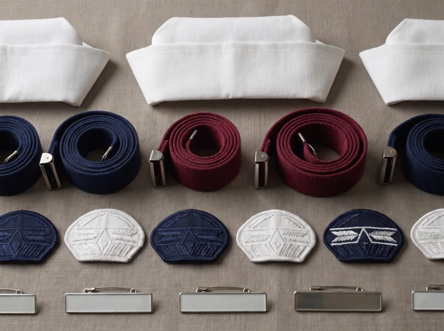 Nursing caps, navy and maroon belts with buckles, embroidered epaulettes and name badges