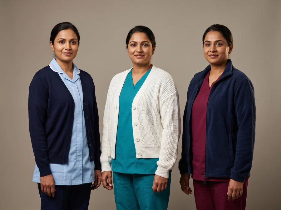 Nursing cardigans and fleece jackets worn over tunics and scrub tops