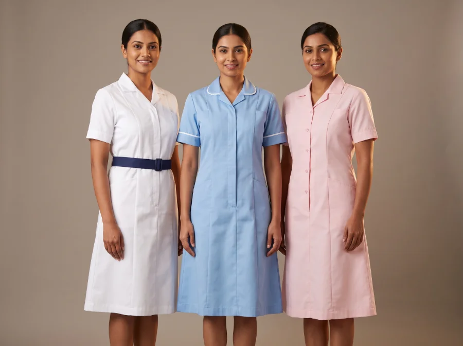 Classic A-line nurse dresses in white, light blue and pale pink with belt and front placket