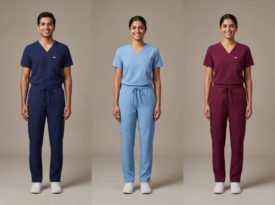 Modern V-neck nursing scrub sets in navy, ceil blue and wine with chest and cargo pockets