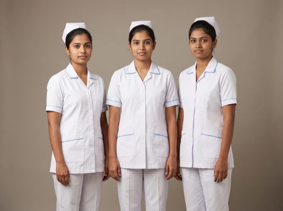 Student nurse training uniforms in white with pale blue trim and nursing caps