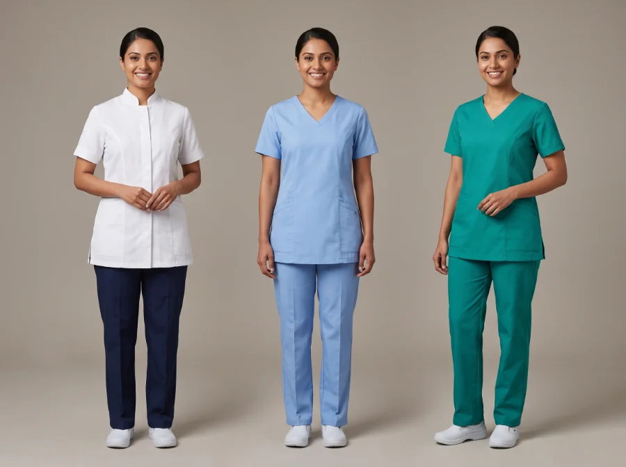 Nurse tunic and trouser sets in white, light blue and teal with modest cut and side pockets