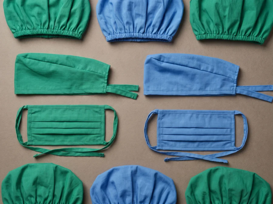 Surgical OT caps in bouffant and tie-back styles with cloth tie-on masks in green and blue
