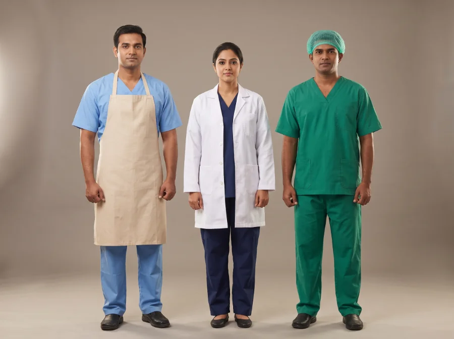 CSSD and sterile stores staff uniforms in light blue and green scrub sets with apron and white coat